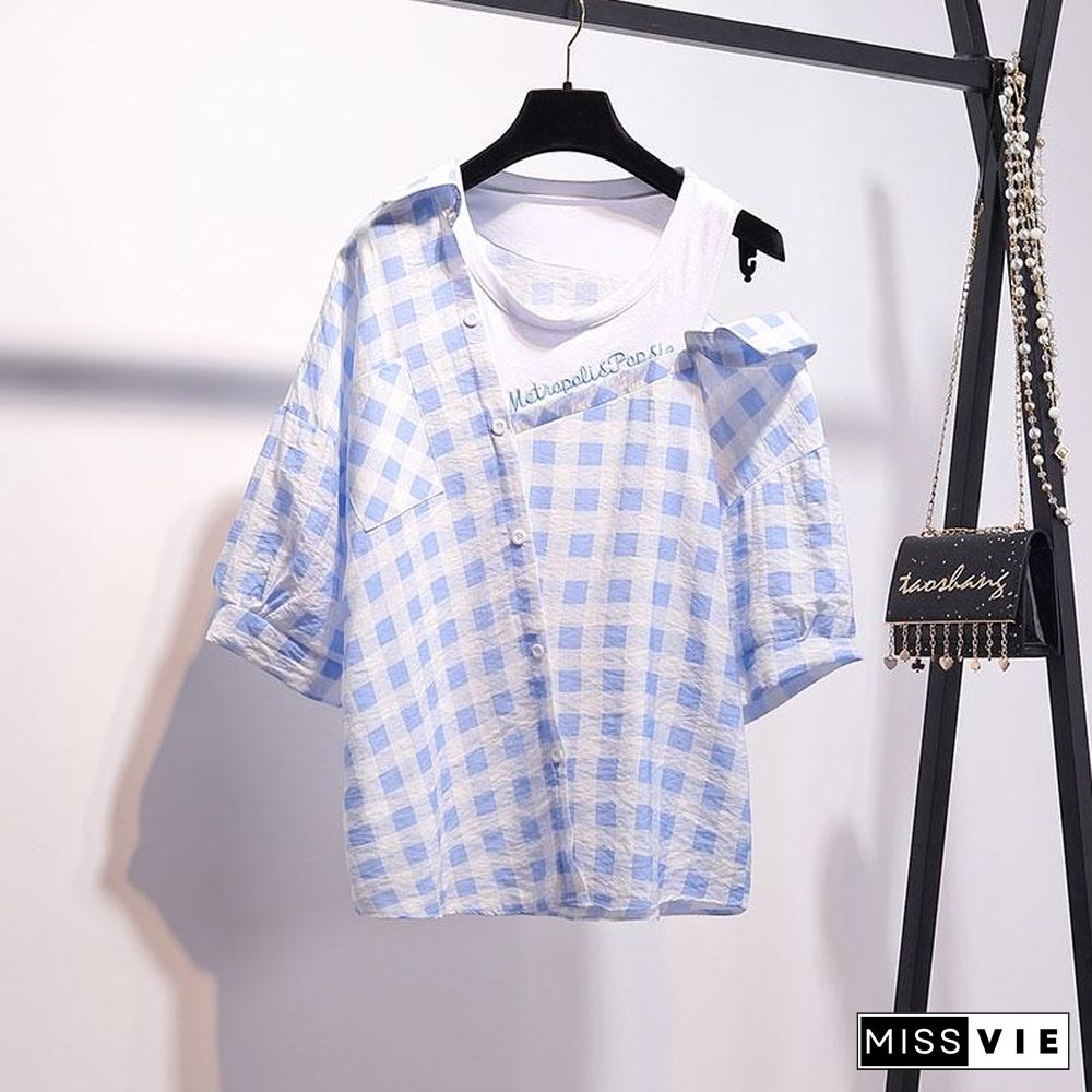 Plaid Off Shoulder Blouse+Denim Shorts P13928