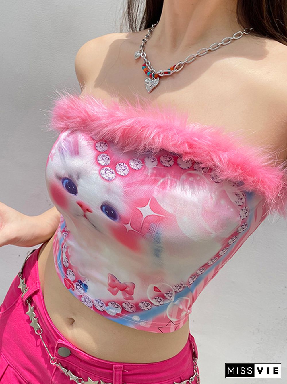 Adorable Kitten Print Plush Trim Splice Bandeau Top