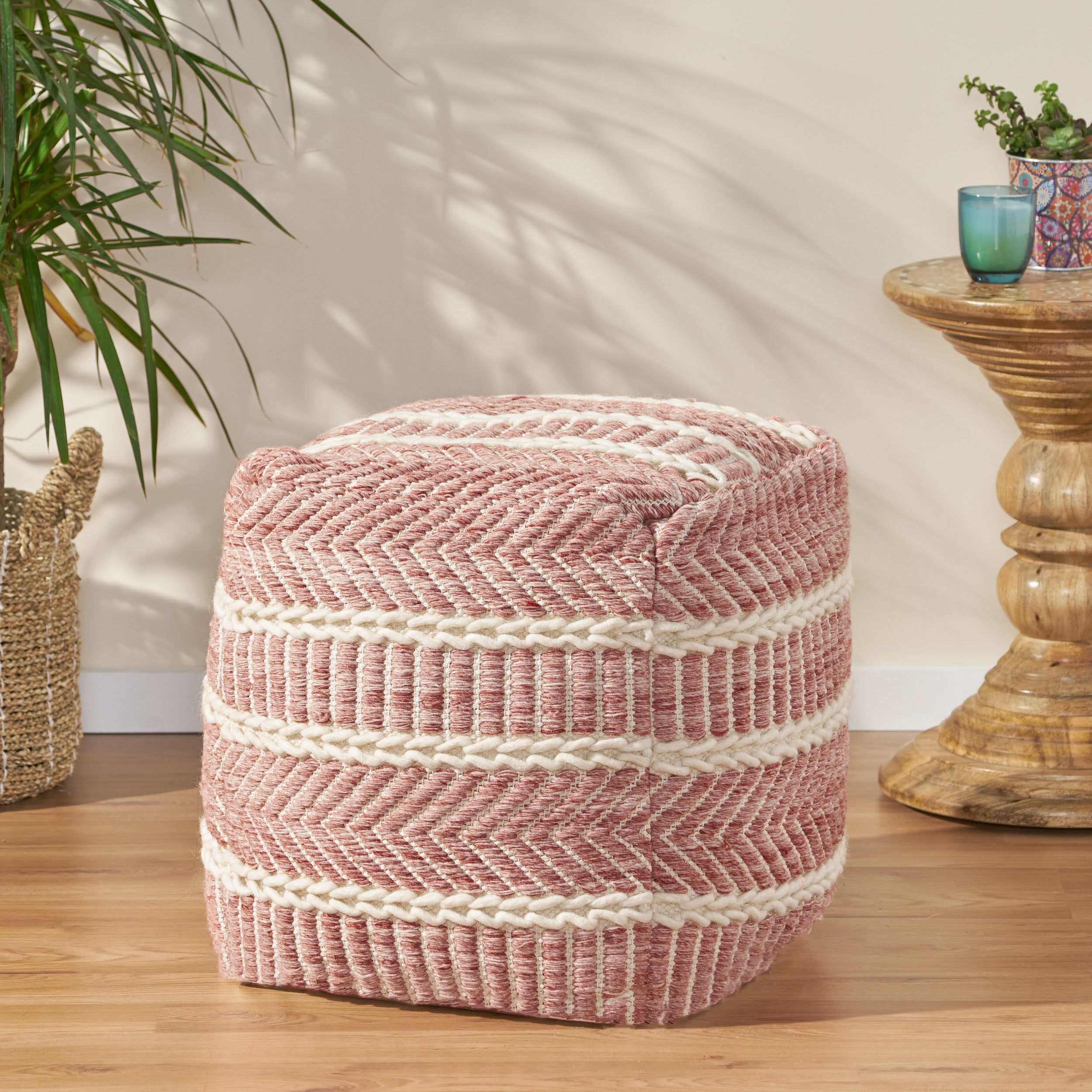 Alexandros Boho Hand Woven Boho Fabric Cube Pouf