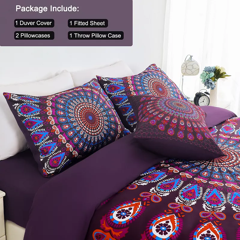 Bohemian Duvet Cover Set Fitted Sheet Pillowcase 5Pcs Queen