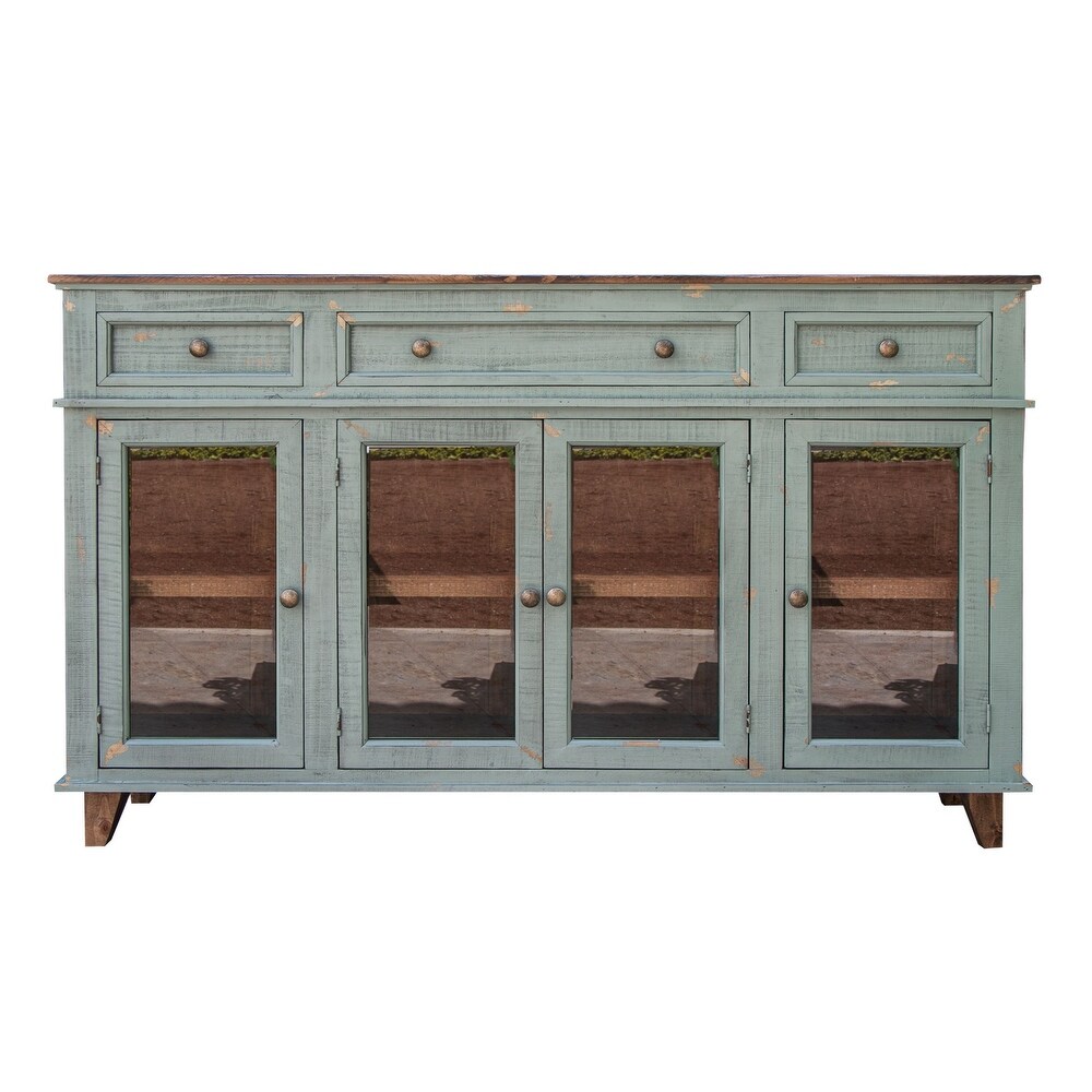 Rozy 70 Inch Console Sideboard Cabinet  4 Glass Doors  Teal Blue Pine Wood