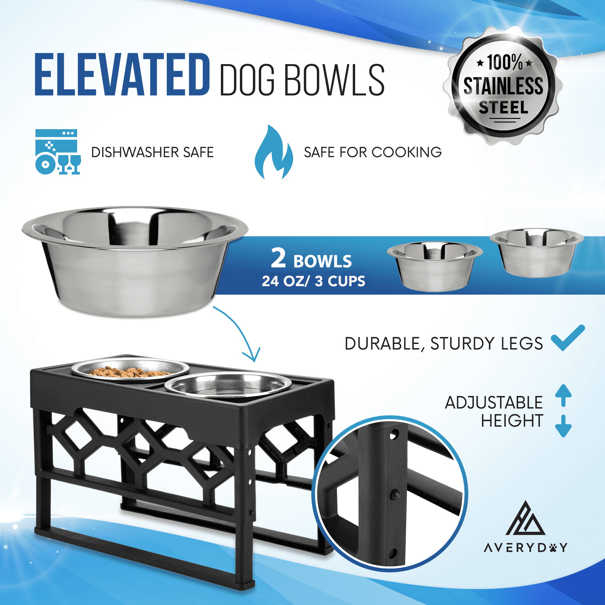 AVERYDAY Small/Medium Elevated Dog Bowl Set Includes 2 Dog Food and Water Bowls, 4 Neater Heights 2.1", 5.6", 6.5", 7.2" of Dog Feeding Station, Raised Dog Food Bowls Stand for Small Medium Sized Dogs