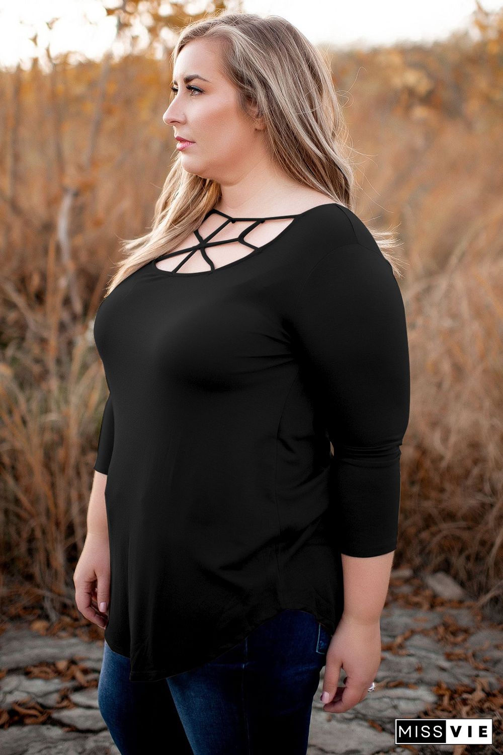 Black 3/4 Sleeve Cut out Neckline Plus Size Top