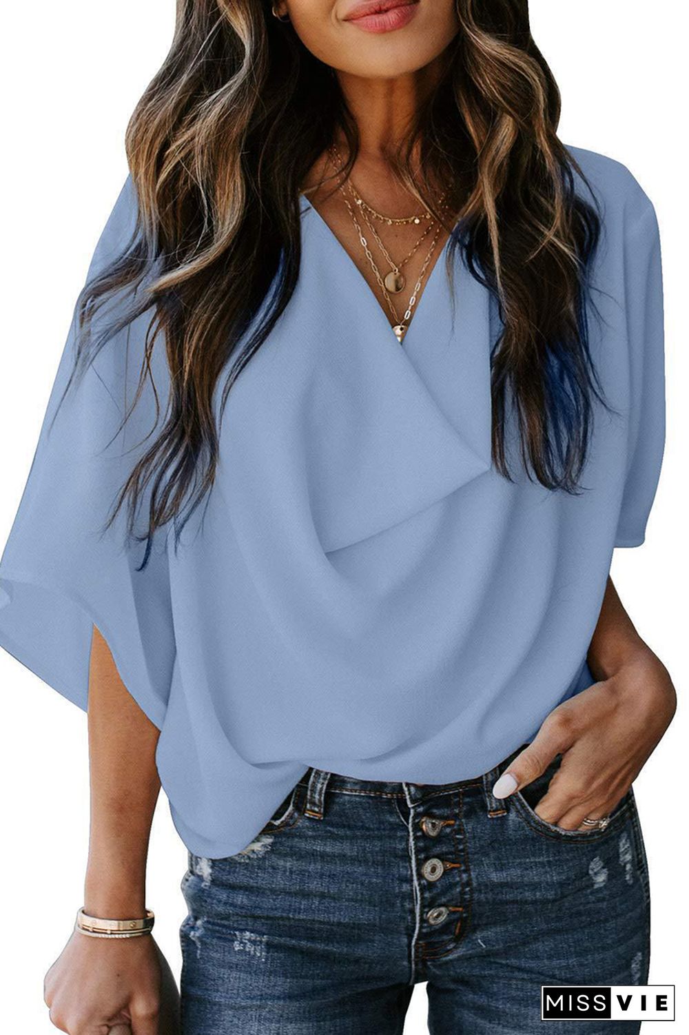 Casual Solid Flounce V Neck T-Shirts