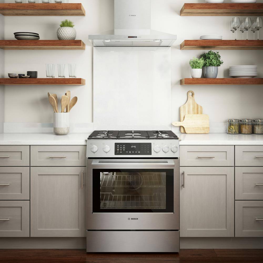 Bosch Benchmark Benchmark Series 30 in. 4.6 cu. ft. Slide-In Dual Fuel Range with Gas Stove and Electric Oven in Stainless Steel HDIP056U