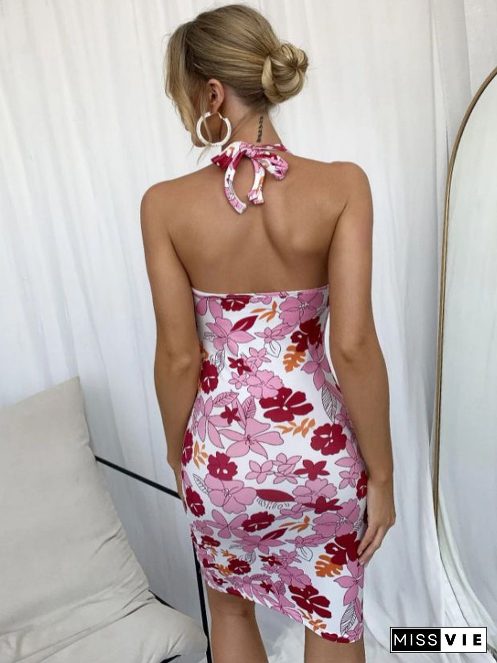 Hibiscus Garden Peony Flowers Hawaiian Floral Print V Halter Neck Bodycon Dress