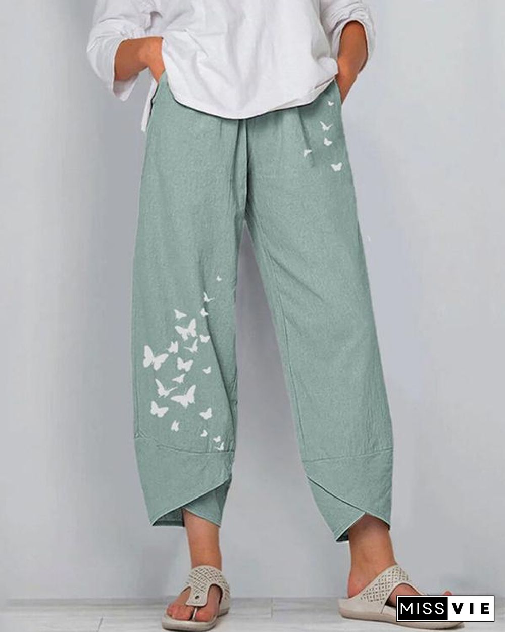 Women Linen Shift Casual Printed Floral Pants