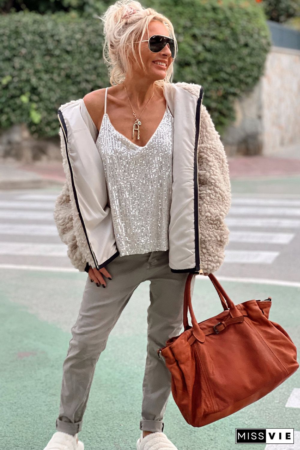 Silver Spaghetti Straps Sequin Tank Top