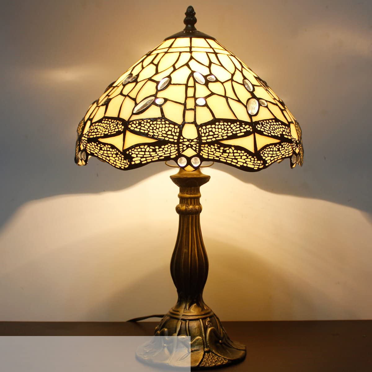 GEDUBIUBOO Tiffany Lamp Cream Stained Glass Dragonfly Bedside Table Lamp Desk Reading Light 12X12X18 Inches Decor Bedroom Living Room  Office S139 Series