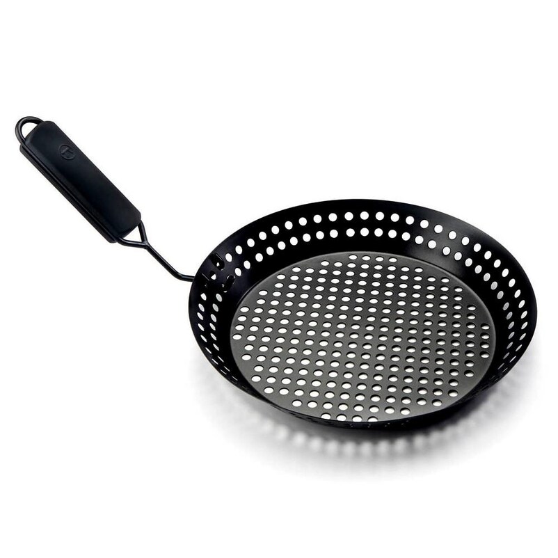 Outset 12-Inch Diameter Black Non-Stick BBQ Skillet Grill Basket With Removable Santoprene Handle