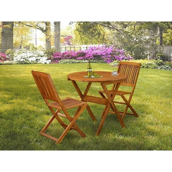 East West Furniture Folding Table Set Contains a Round Outdoor Wood Coffee Table and 2 Folding Side Chairs，Natural Oil