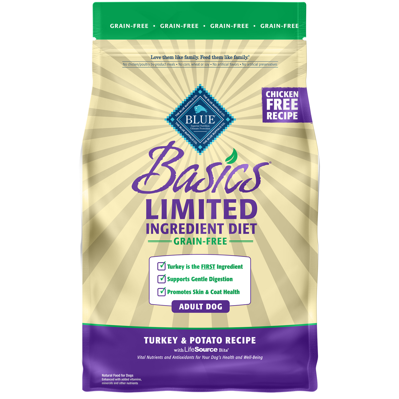 Blue Buffalo Basics Limited Ingredient Grain Free Turkey and Potato Recipe Dry Dog Food， 4 Lbs.