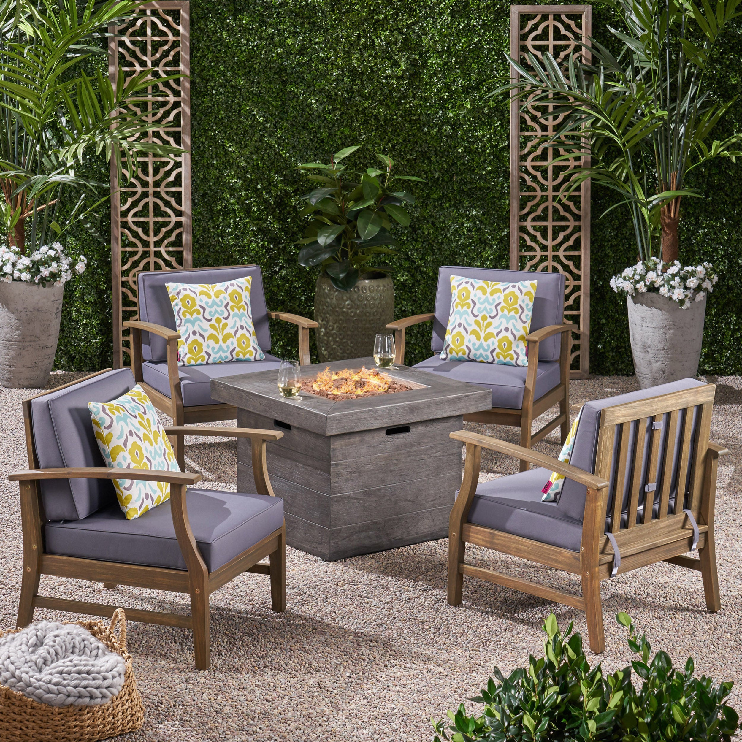 Easter Outdoor 5 Piece Acacia Wood Club Chair and Fire Pit Set, Gray Finish and Gray