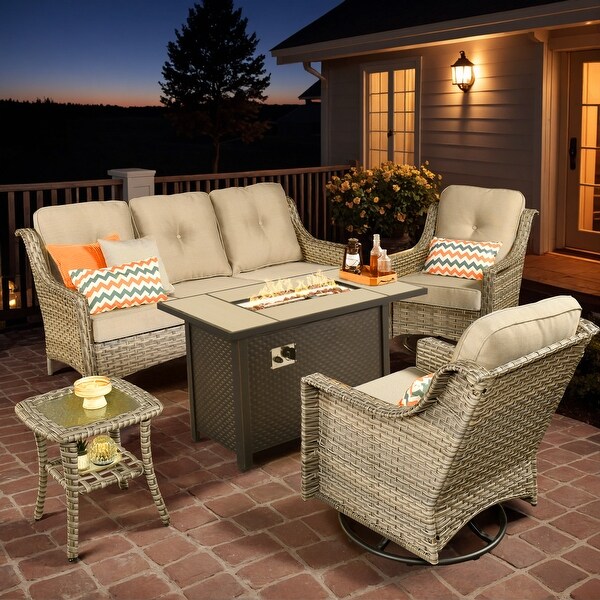 XIZZI Outdoor Rattan Wicker Patio Furniture Conversation Set with Fire Pit Table