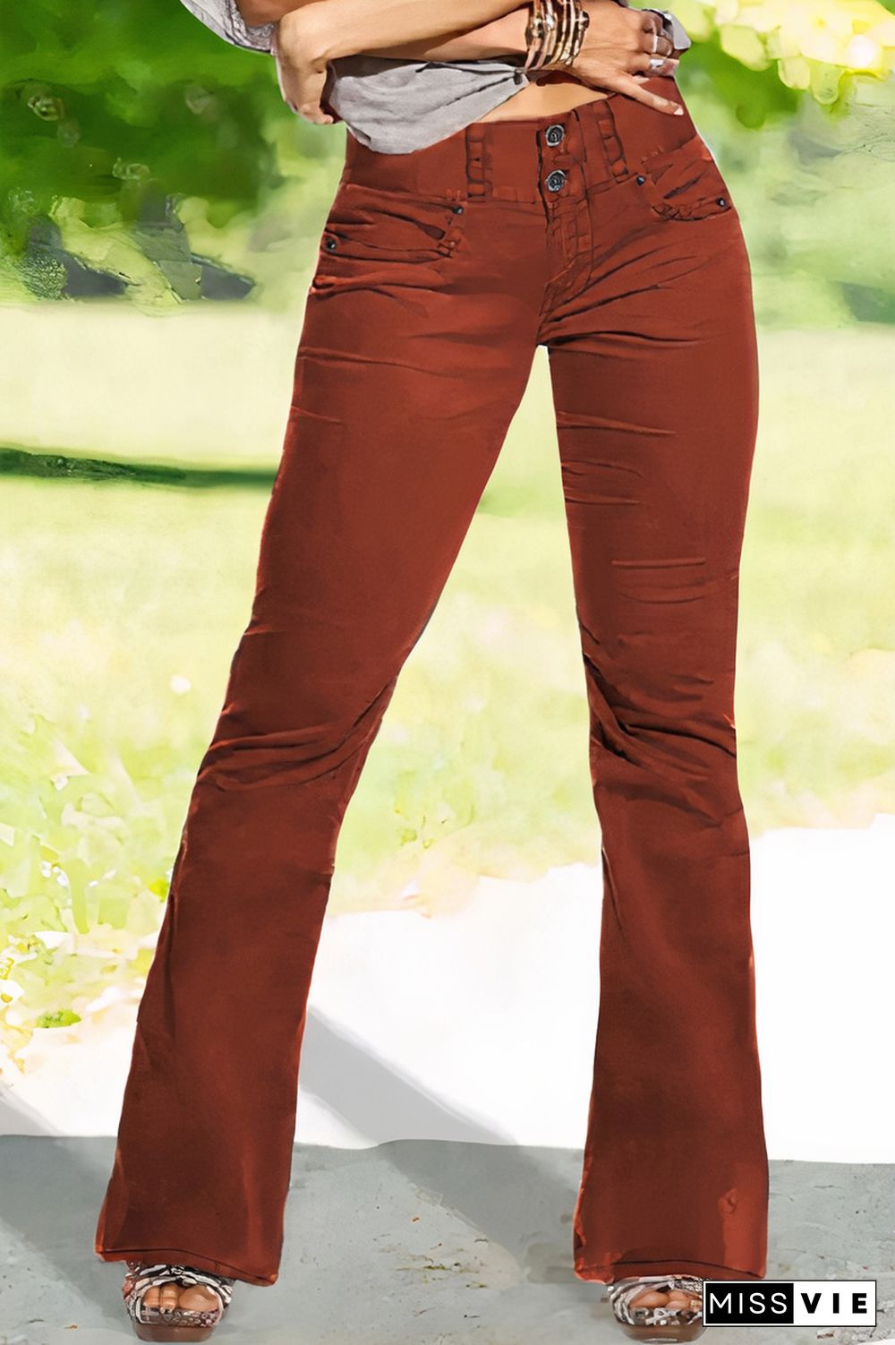 Solid Flap Pocket Button Detail Mid Rise Flare Pants