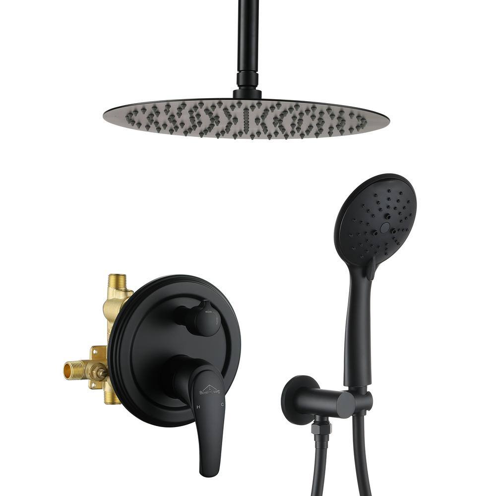 Boyel Living 5-Spray Patterns with 2.35 GPM 12 in. H Ceiling Mount Dual Shower Heads with Valve Included in Matte Black SMD-88041B-12