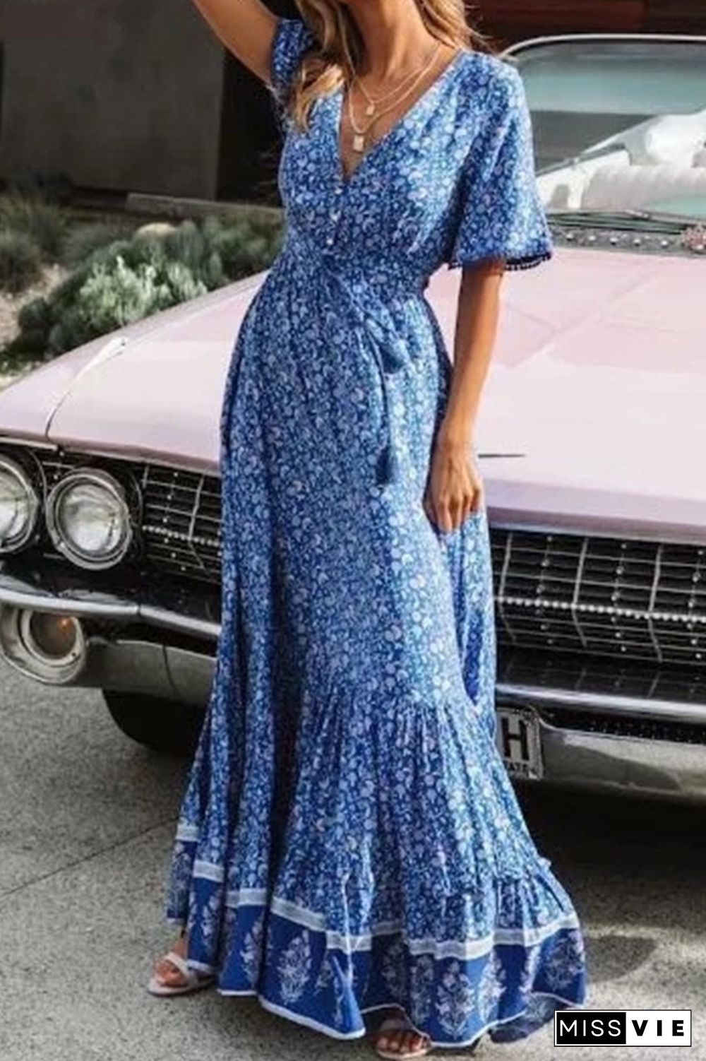 V Neck Buttoned Boho Print Maxi Dress