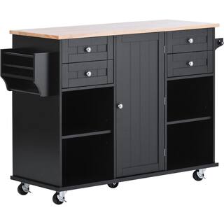 Black 52.8 in. W x 18.5 in. D x 36.4 in. H Kitchen Island Cart on 5-Wheels with Spice Rack Towel Rack and Drawer WF296AABWY