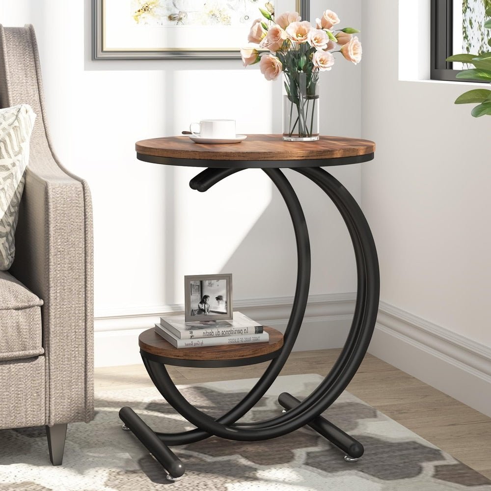 2-Tier End Table, Small Accent Side Table with C-Shaped Frame