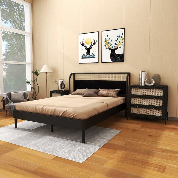 3-Piece Queen Bedroom Sets w/Rattan Platform Bed， Nightstand and Chest - - 37927426