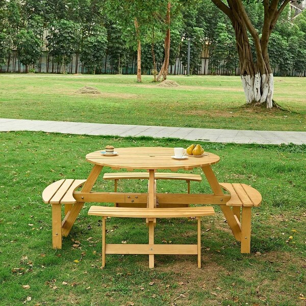 Outdoor round wooden picnic set with umbrella hole (6 persons/8 persons)