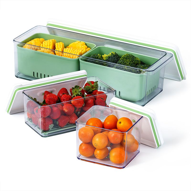 Lille Home Stackable Produce Saver， Organizer Bins/Storage Containers With Removable Drain Tray， Set of 3