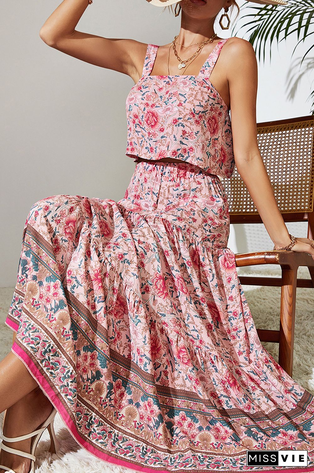 Pink Floral Sleeveless Top and Tiered Skirt Set