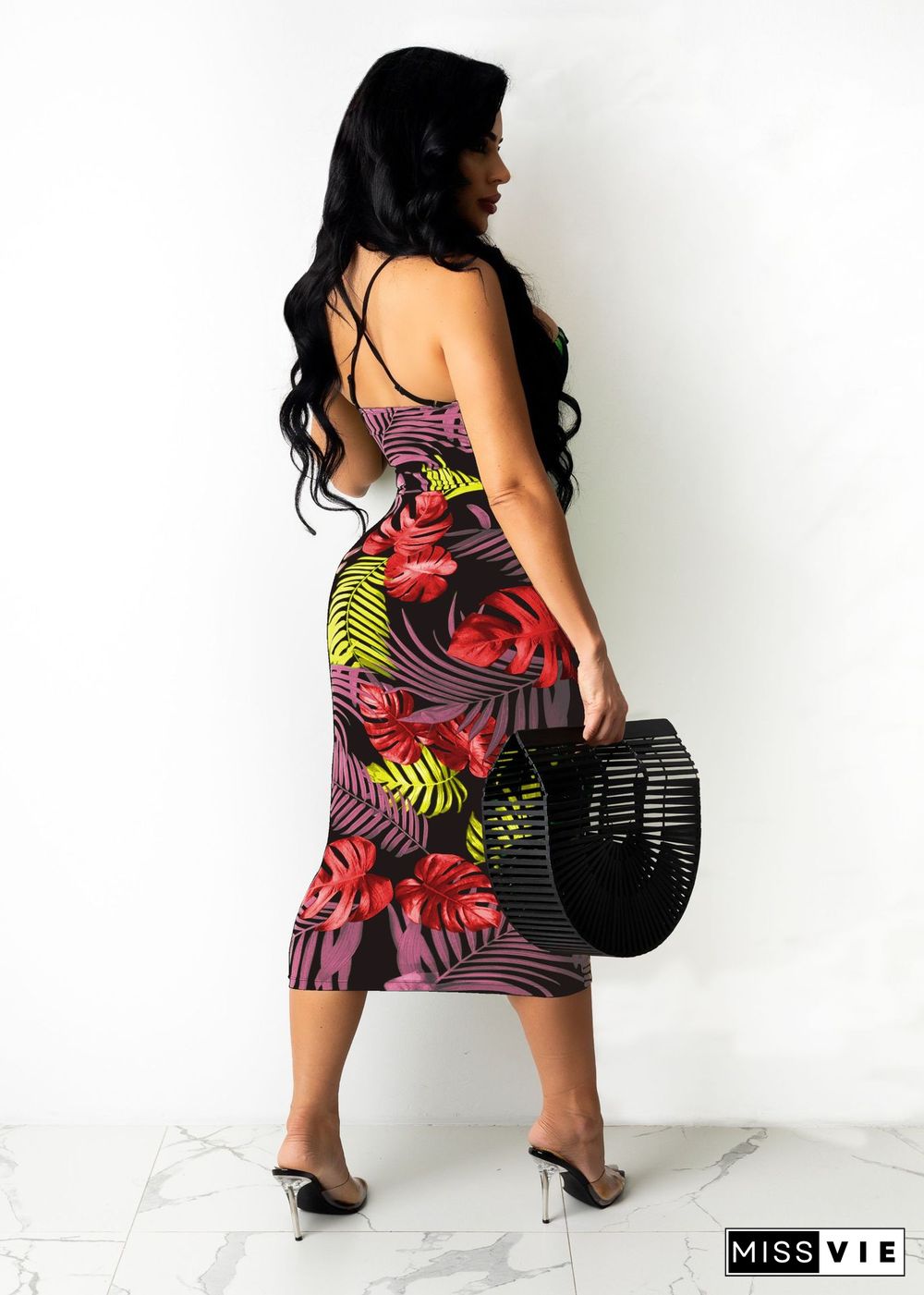 Summer Hot Printed Low Cut Sleeveless Women Fashion Bodycon Streetwear High Waist Lace Up Long Dress