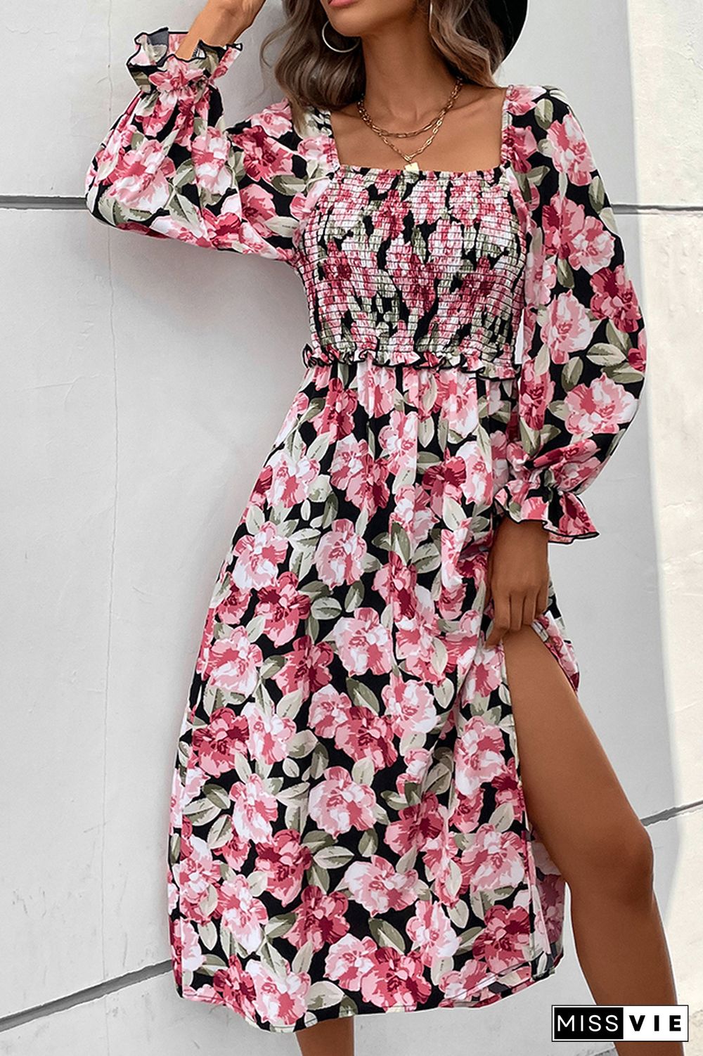 Puff Sleeve Square Neck Floral Split Dress