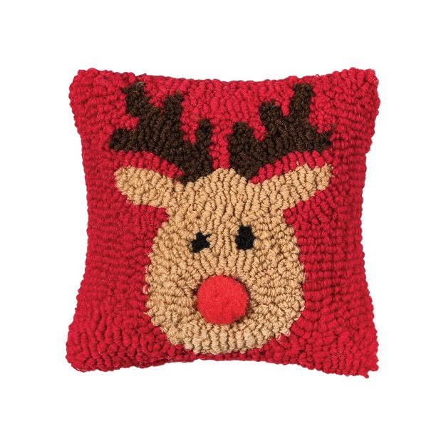 X 8 quot Reindeer Games Reindeer With Red Nose On Red Background Petite Accent Hooked Christmas Pillow