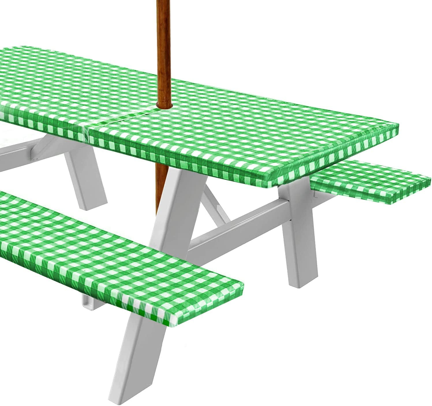 Sorfey Rectangle Fitted Picnic Table Cover Tablecloth with Umbrella Hole, 3-Pc. Set Green 30"x96"