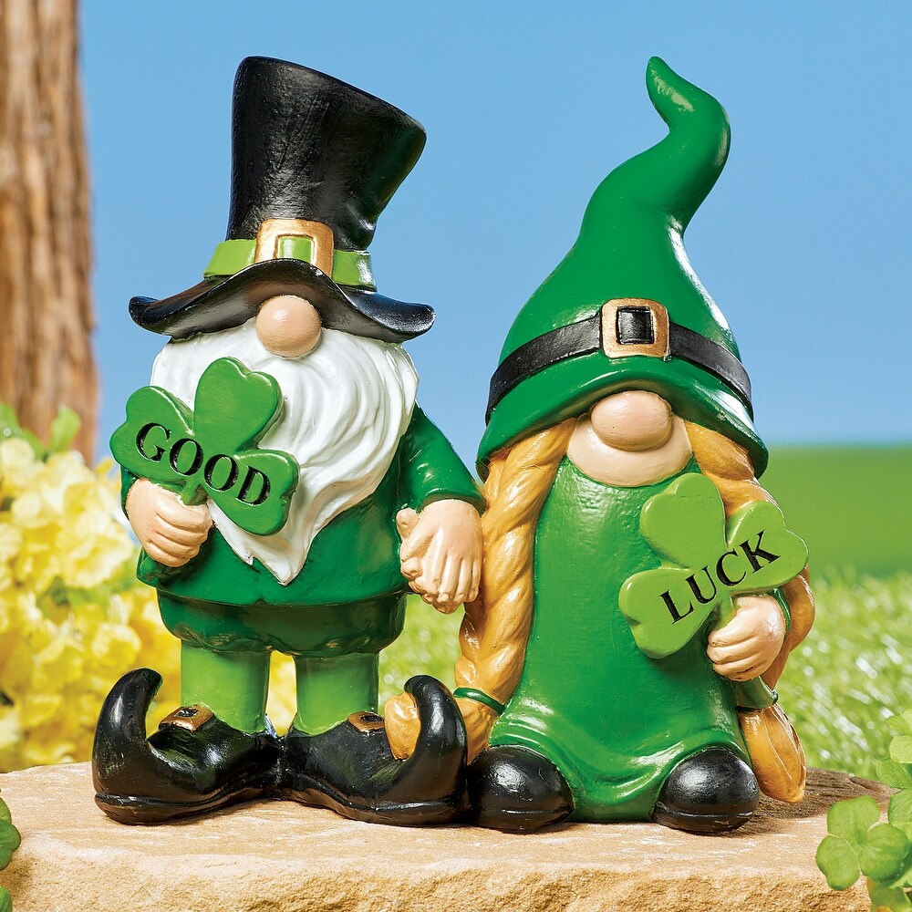 Hand Painted Good Luck Gnome Couple Figurines   10.750 x 9.650 x 6.000