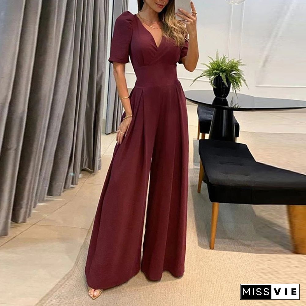 Sexy Solid Deep V Neck Half Sleeve Long Jumpsuit Fashion Waist Lace-up Wide Leg Pant Romper New Elegant Office Playsuit Overalls