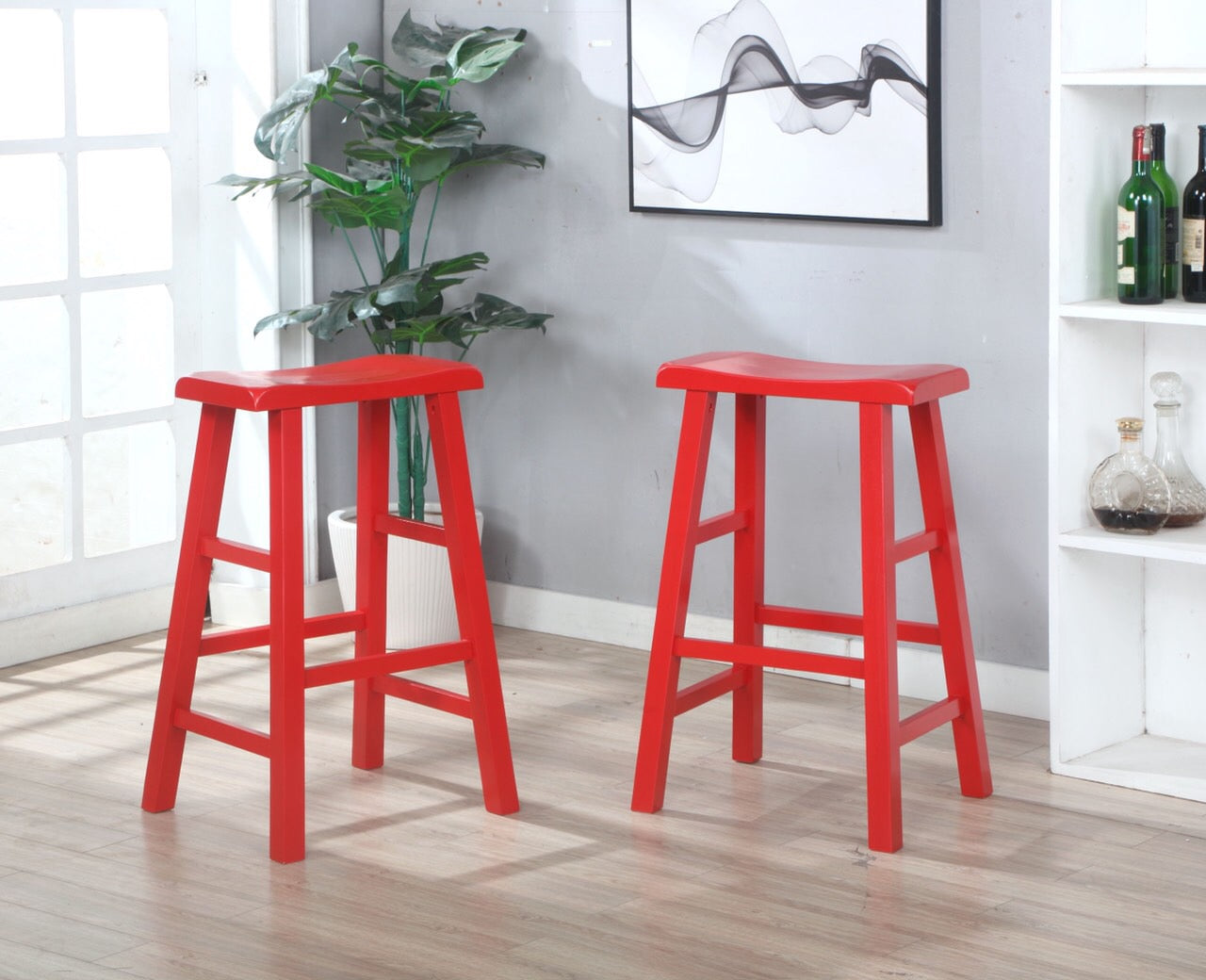 eHemco Heavy-Duty Solid Wood Saddle Seat Kitchen Counter Bar Stools， 29 Inches， Red， Set of 2