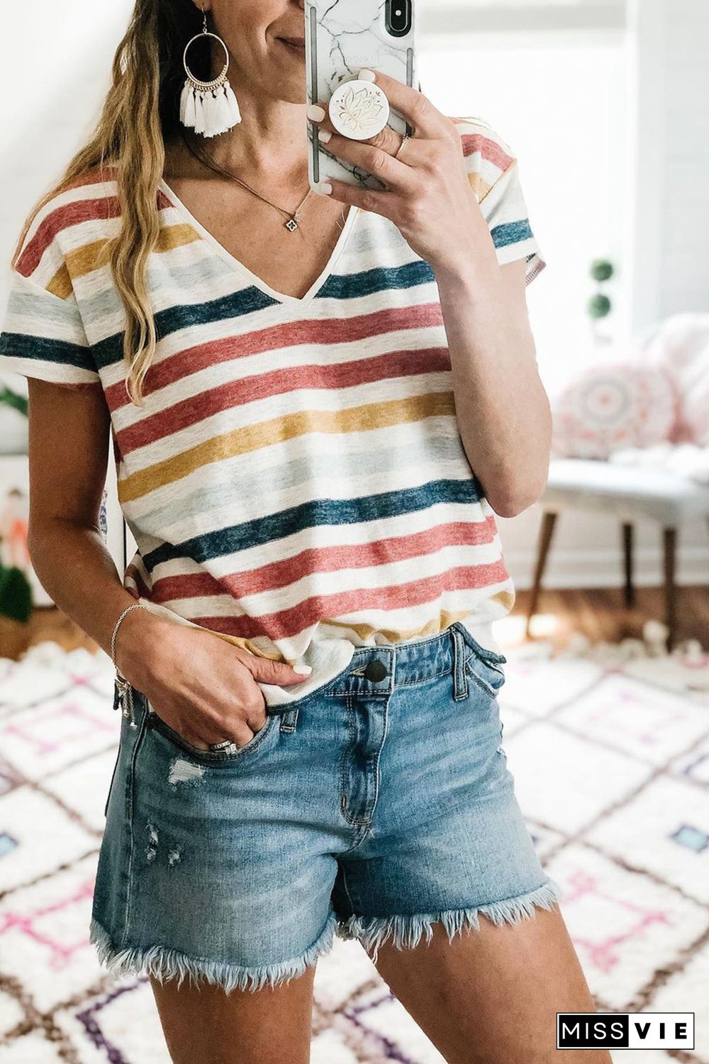 Multicolor Stripes V Neck T-shirt