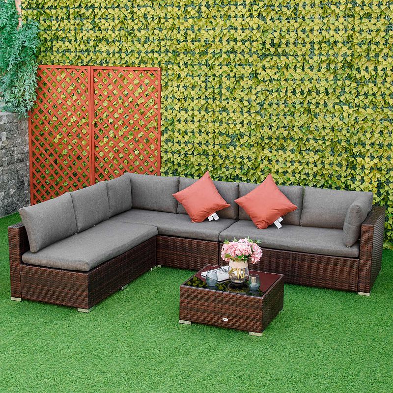 Outsunny 4-Piece Patio Furniture Sets Outdoor Wicker Conversation Set PE Rattan Sectional sofa set with Tempered Glass Coffee Table and Cushions for Backyard and Garden， Grey