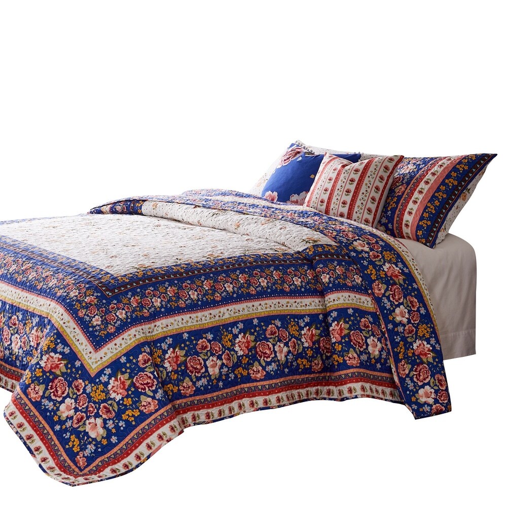 Loir 3 Piece Full Quilt Set with Floral Print  Multicolor