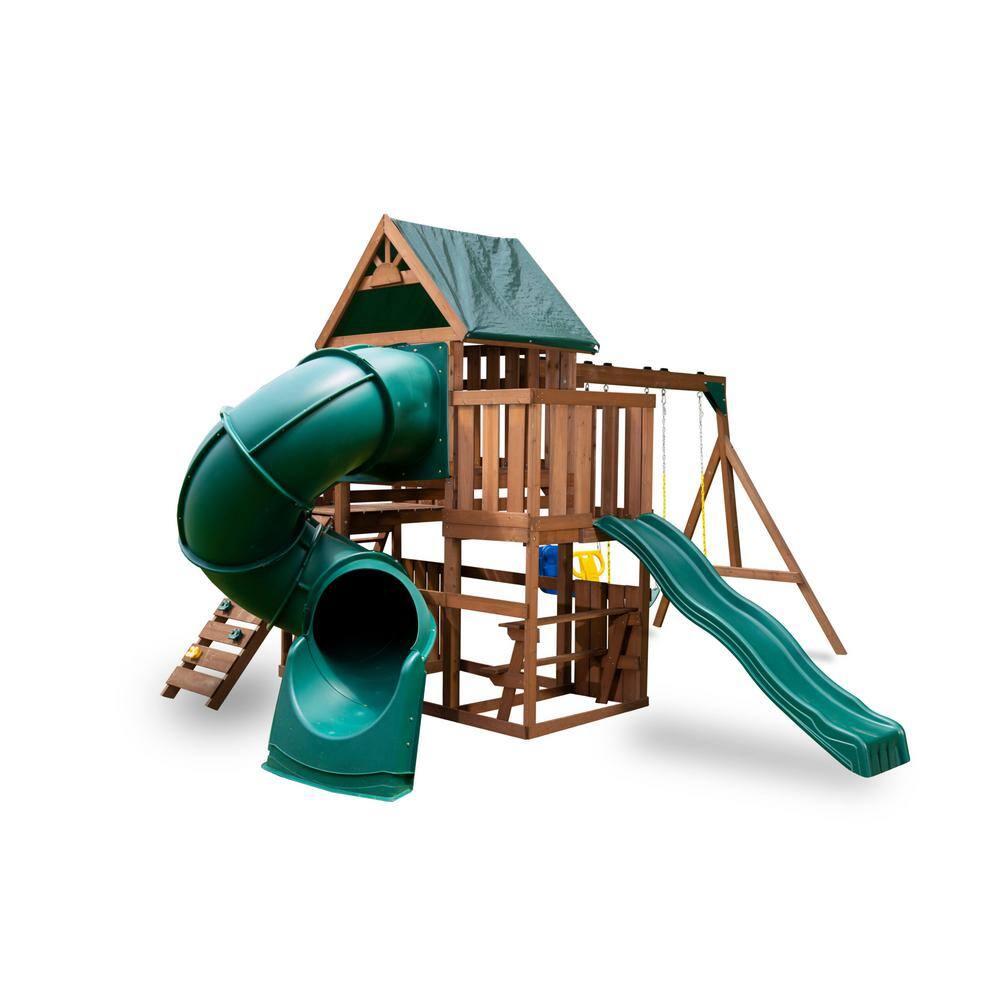 Swing-N-Slide Playsets Tellico Terrace Ready-To-Assemble Wooden Outdoor Playset with 2 slides Rock Wall Tarp Roof and Swing Set Accessories WS 8359