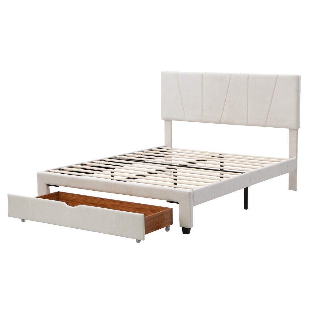 Modern Queen Size Upholstery Platform Bed with One Drawer