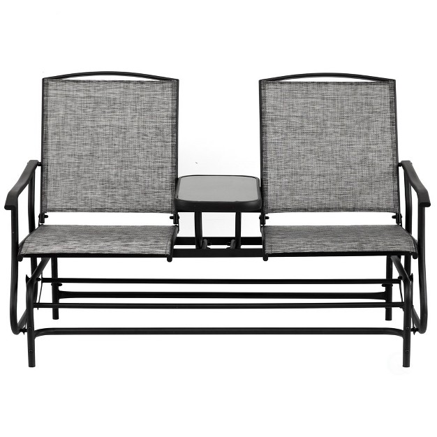 Gardenised Two Person Outdoor Double Swing Glider Chair Set With Center Tempered Glass Table Loveseat Lawn Rocker Bench