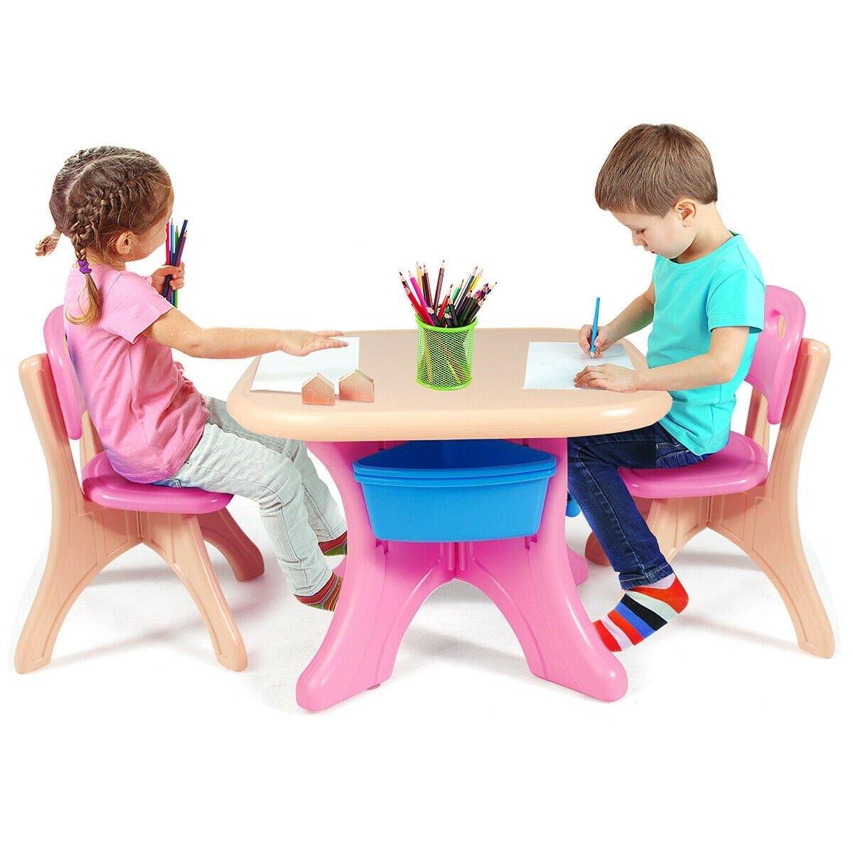 Plastic Children Kids Table & Chair Set 3-Piece Play Furniture In/Outdoor