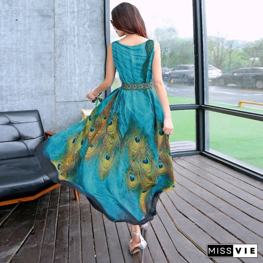 Women Chiffon Plus Sleeveless Tunic Peacock Floral Long Maxi Dress Sundress