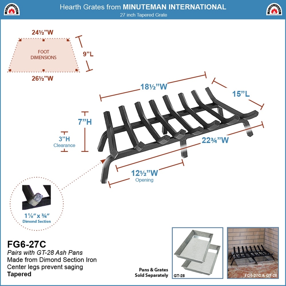 Minuteman International Sturdy Tapered Hearth Grate for Logs  27 Inch Long  Black