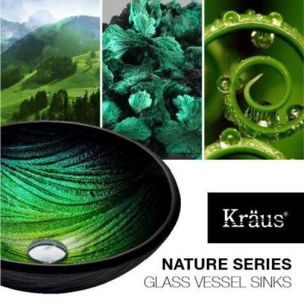 KRAUS Nei Glass Vessel Sink in Green with Waterfall Faucet in Oil Rubbed Bronze C-GV-391-19mm-10ORB