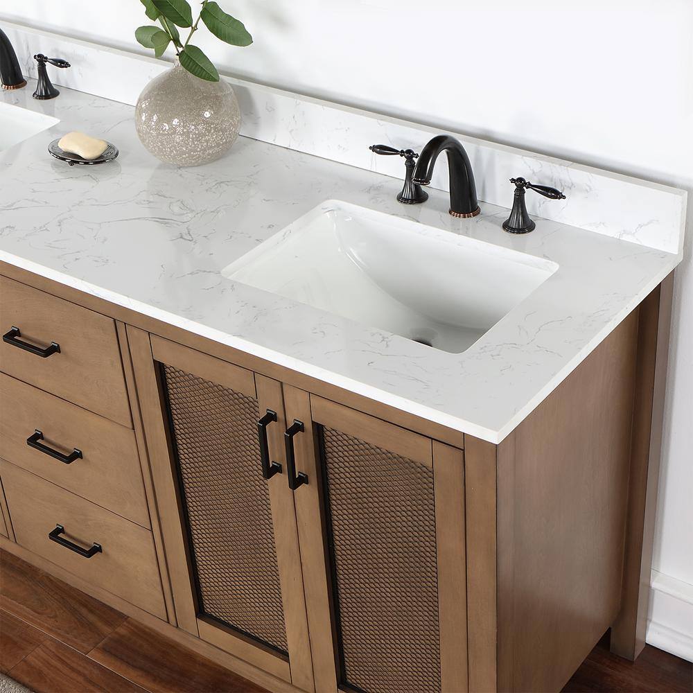 Altair Hadiya 72 in. W x 22 in. D x 34 in. H Bath Vanity in Brown Pine with Carrara White Composite Stone Top 542072-BR-AW-NM