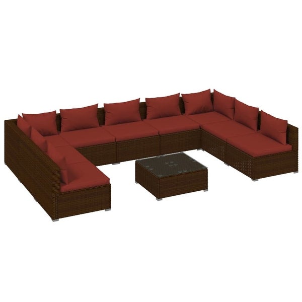 10 Piece Patio Lounge Set with Cushions Poly Rattan Brown - Overstock - 36365132