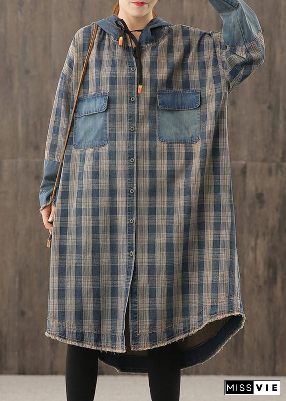 Vivid denim blue plaid Tunic hooded Button Down Plus Size Dress