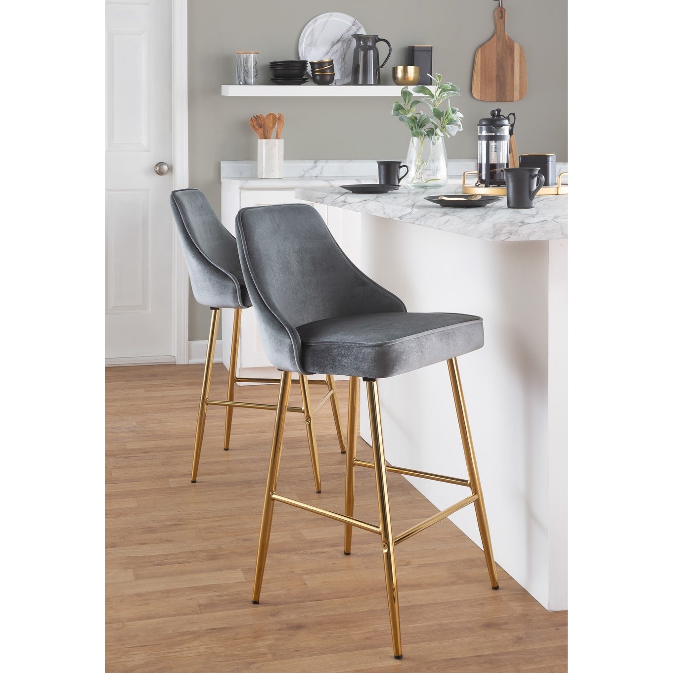 LumiSource Marcel Glam Velvet Gold Metal Counter Stools (Set of 2)