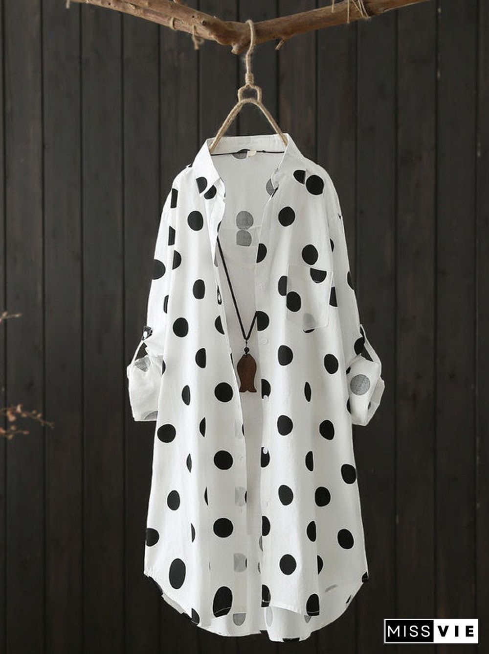 High-Low Long Sleeves Polka-Dot Lapel Shirts Tops