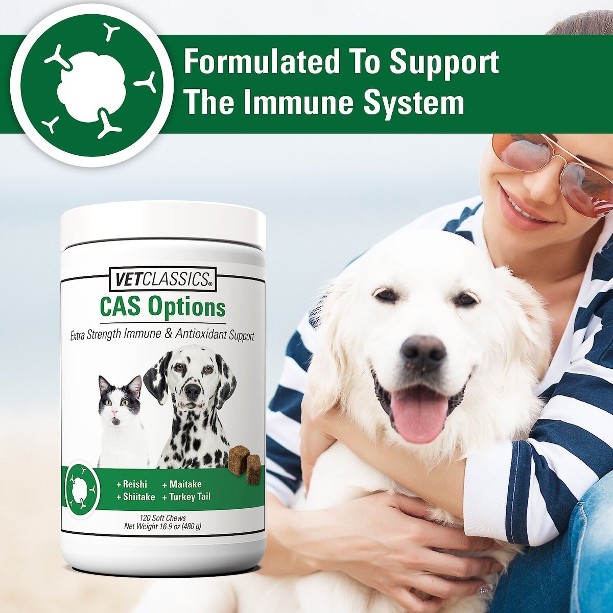 VetClassics CAS Options Extra Strength Immune and Antioxidant Support  Dog and Cat Supplement， 120 count